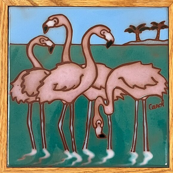 Frog Hollow Tile Design Flamingo Trivet Art Wood Frame 9x9" Idaho Carol Johnson - Picture 4 of 14